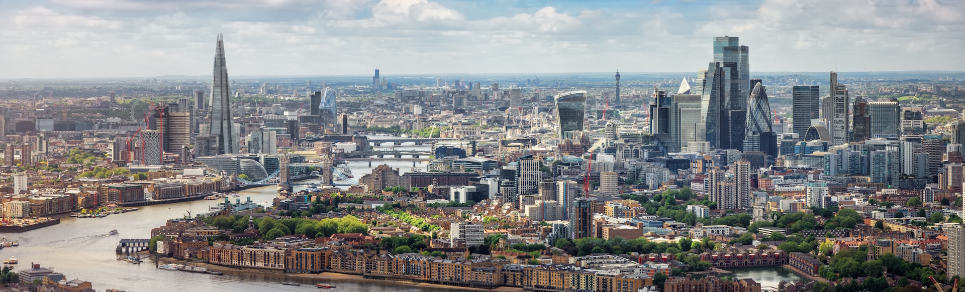 London skyline on a clear day with river Thames, The City skyscrapers and The Shard.