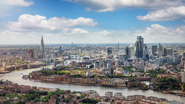 London skyline on a clear day with river Thames, The City skyscrapers and The Shard.