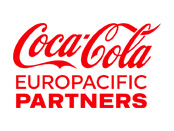 A text logo that reads Coca Cola Europacific Partners in bold red font on a white background.