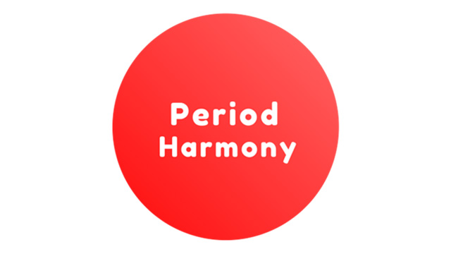 A logo of a red round circle with text inside in white font that reads Period Harmony.