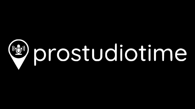 A logo of a white map pin with a microphone icon inside, next to white text that reads prostudiotime against a black background.