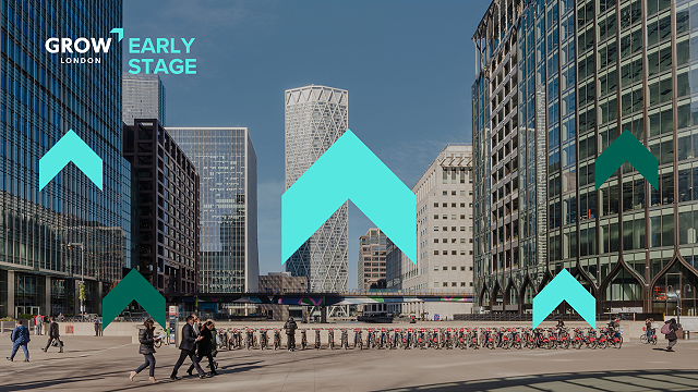 A view of office buildings, people walking and blue chevrons and text that says Grow London Early Stage.