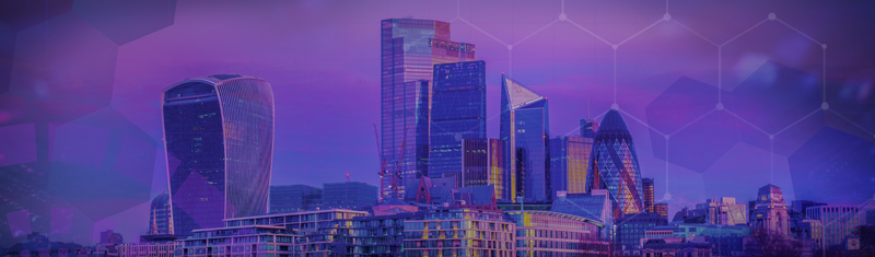 A digitally edited image of the London skyline overlaid with geometric graphics.