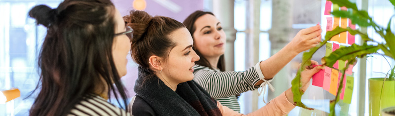 Three women in an office working together on a project. 