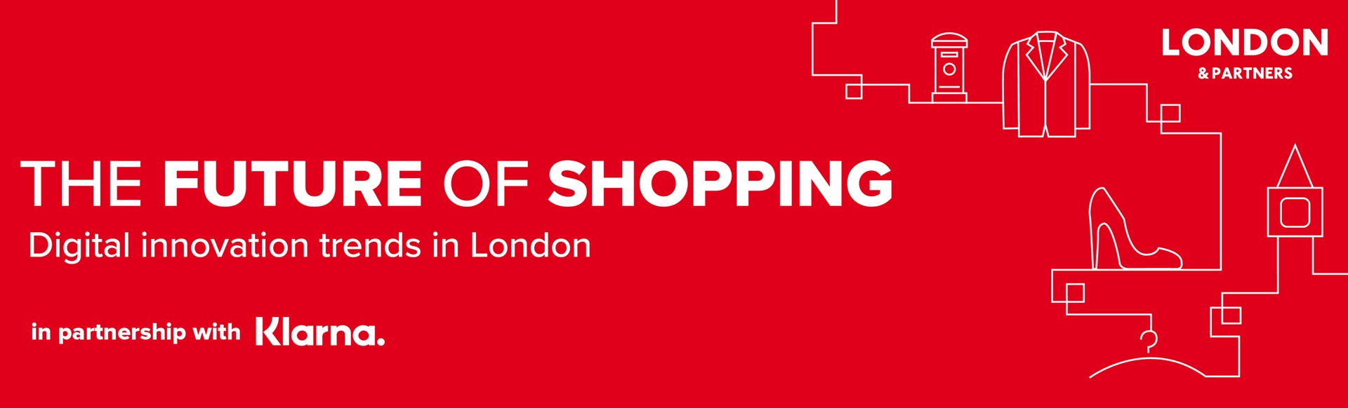 A red background with white text that reads The Future of Shopping, digital innovation trends in London.