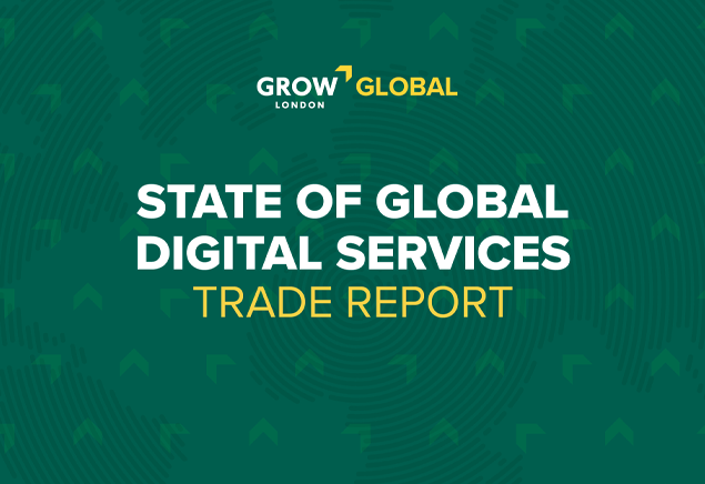 A green slide with white text that reads State of Global Digital Services Trade Report.
