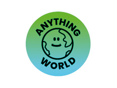 Anything World written in black inside green and blue circle.