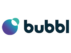 Bubbl written in blue on white background next to blue and green bubble logo.