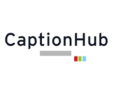 Caption Hub written in black on white background with a grey line and three small coloured squares below.