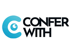 Confer With written in black on white background next to blue circular logo.