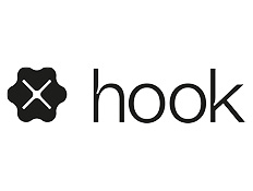 Hook written in black on white background with small flower-like logo.