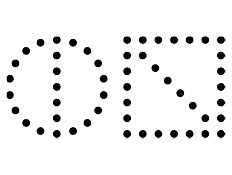 A black circle and black square with lines through made up of black dots to create 'ON'.
