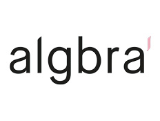 'algbra' written in black lettering on white background with small pink apostrophe at end of word.