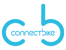 Connect Bike written in blue letters on white background and an outline of a bike.