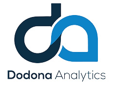 Dodona Analytics written in blue on white background below a company logo.