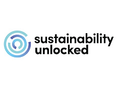 'Sustainability Unlocked' written in black on white background with blue circular company logo.