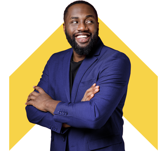 A smiling person in a navy blue blazer against a white background with a yellow chevron