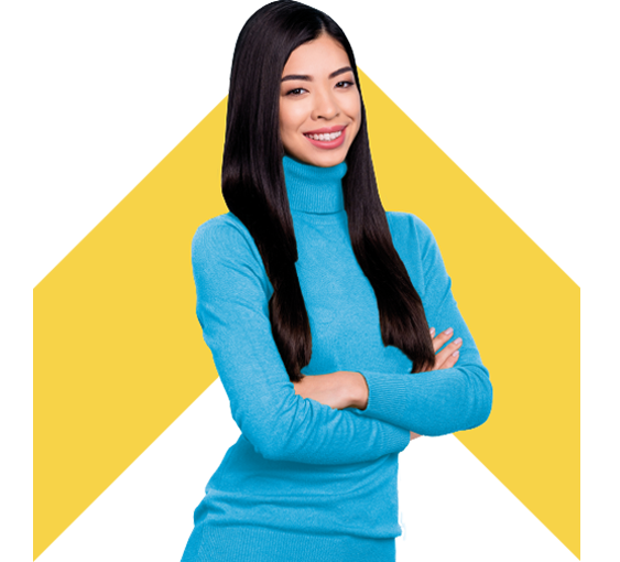 A smiling person wearing a blue jumper with a yellow chevron design in the background