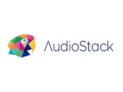 AudioStack written in blue font on white background with multicoloured image of a parrot head.