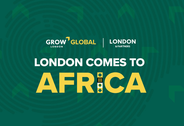 A green background with the words London comes to Africa in white and yellow bold font, and Grow London Global and London & Partners logos above.