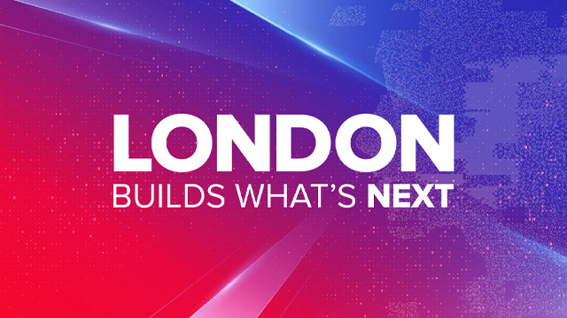 Text in bold, white font in upper case that reads London builds what's next on a stylised blue and red background.