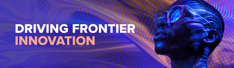 A digitally stylised blue and purple image with words that read Driving Frontier Innovation next to a person with sunglasses 
