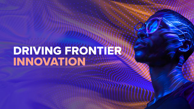 A digitally stylised blue and purple image with words that read Driving Frontier Innovation next to a person with sunglasses