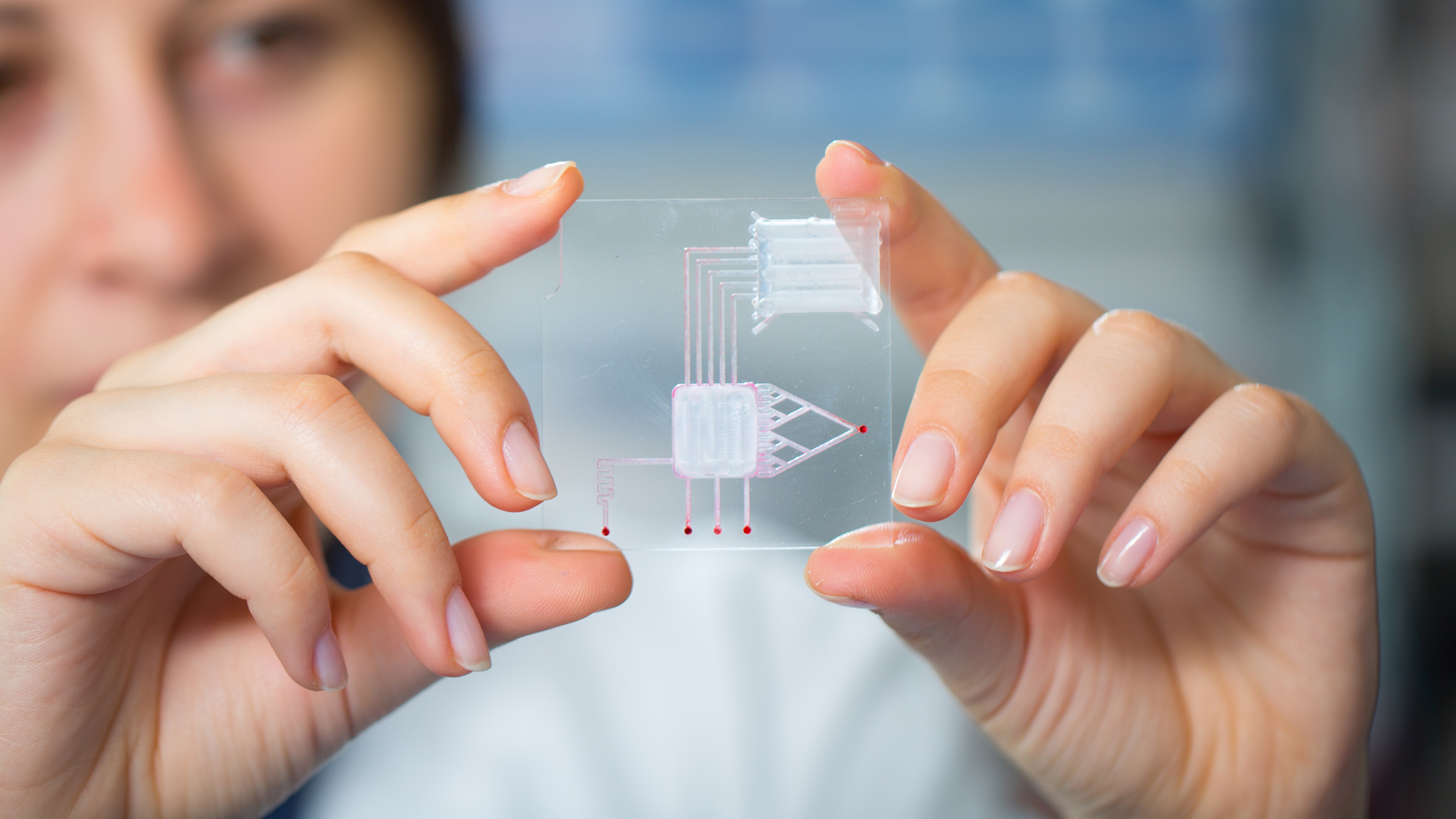 Two hands holding a biochip with the person's face in the background