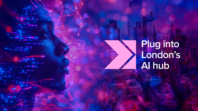 A stylised purple and pink image with a profile view of a man and a city skyline in the background, with a logo and words that read Plug into London's AI hub on the right. 