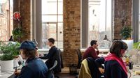 Four people working on computers with large windows in the background.