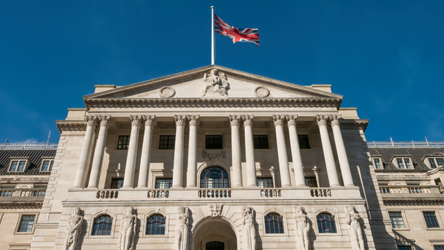 A view of the front of the Bank of England building. 