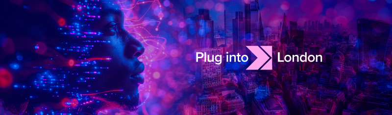 A blue and purple image of a man and a city skyline with text overlaid that reads Plug into London.