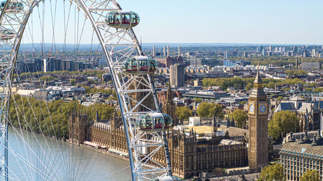An aerial view of the London Eye with the Big Ben and Houses of Parliament in the background