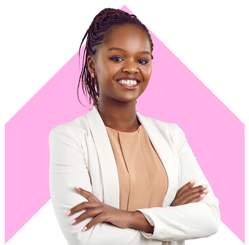 A smiling woman with folded arms and a pink chevron in the background.