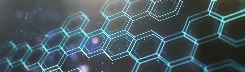 An abstract illustration of a blue honeycomb pattern against a black background