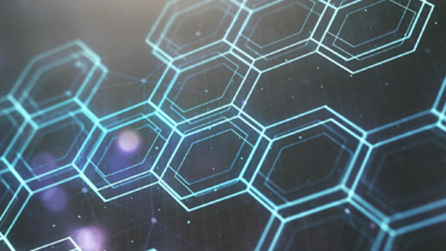 An abstract illustration of a blue honeycomb pattern against a black background