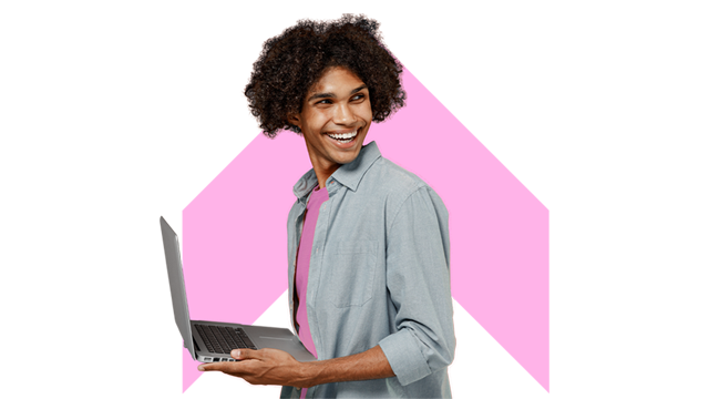 Professional man with laptop stands in front of pink Grow London ident