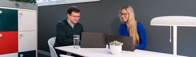 Two colleagues in a meeting at the London & Partners office.