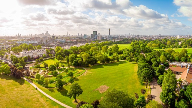 Aerial view of The Regent's Park and the London skyline on a sunny day.